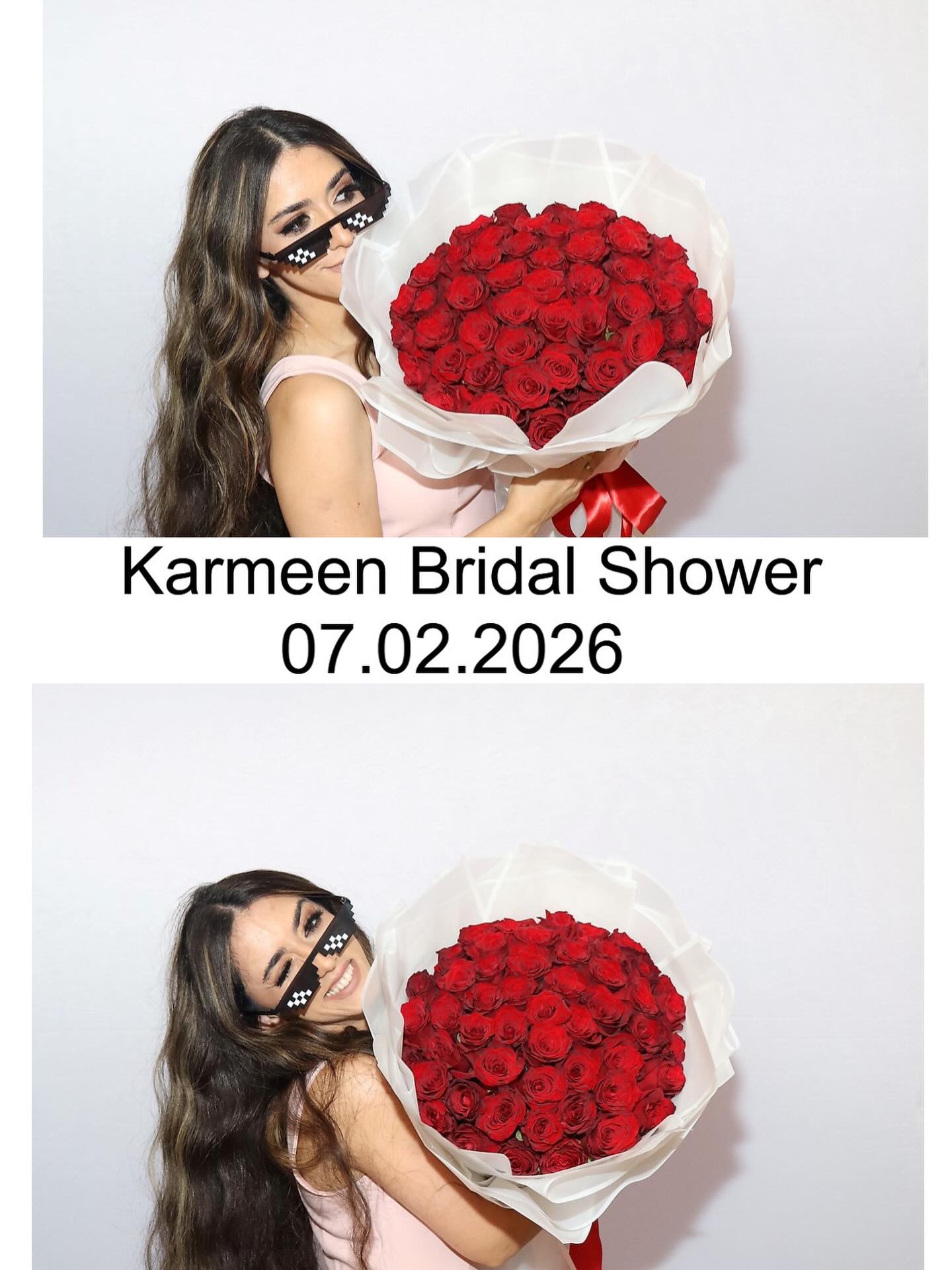 Two women in red heart-shaped sunglasses posing with a heart wand and rose