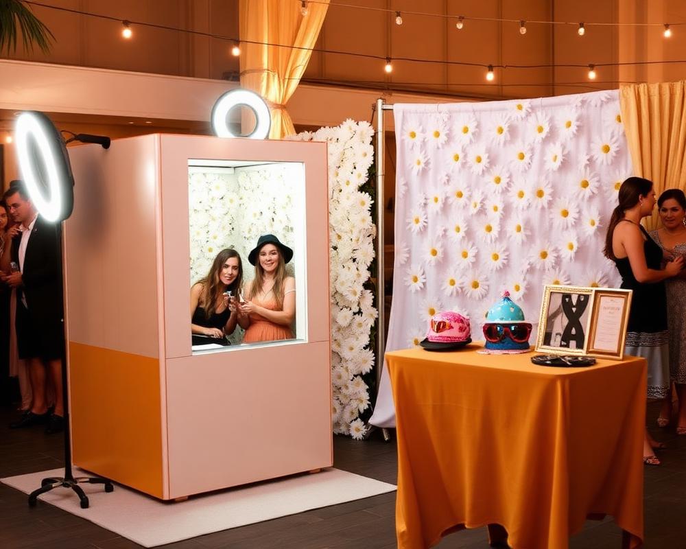 The Crazy Daisy open-air photobooth set up with daisy backdrop and prop table